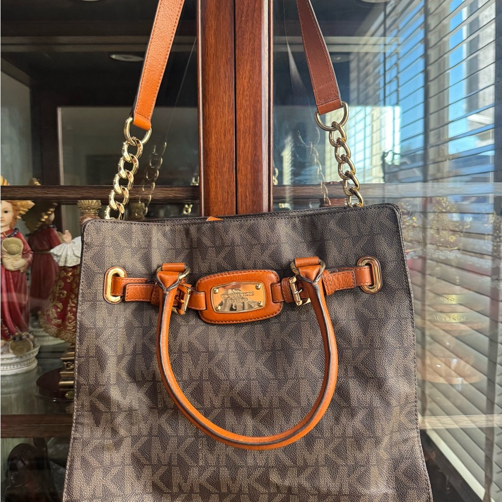 Michael Kors Brown and Tan Shoulder Bag with Gold Hardware